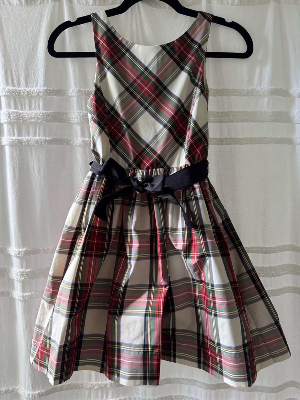 Polo by Ralph Lauren Red and Ivory Plaid Fit-and-Flare Dress with Black Bow